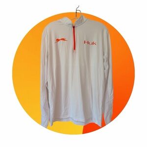 Huk long-sleeve performance shirt with zipper and logo, White & Orange, Sz M